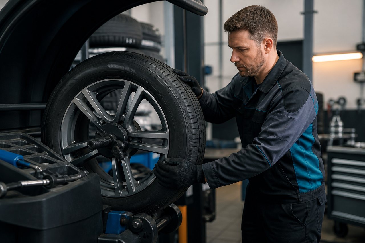 Mechaniker arbeitet an einem Rad beim Reifenservice